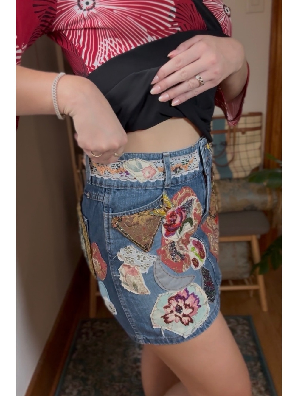 Denim Mini Skirt with Floral Patchwork and embroidery size M-L - Picture 4 of 9